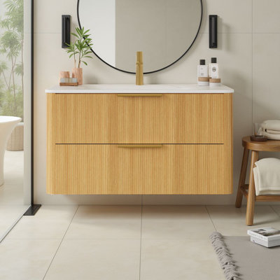 Meuble-lavabo flottant moderne de 36 po avec lavabo intégré en pierre frittée, armoire en contreplaqué et 2 tiroirs à fermeture en douceur