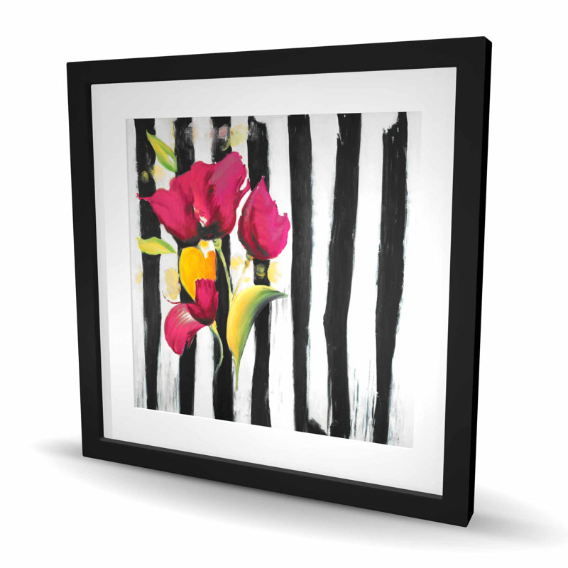 Fleurs roses sur rayures noires | Impression encadrée avec passe-partout
