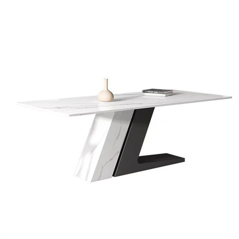 Modern White Rectangular Sintered Stone Dining Table with Z-shaped Pedestal Base, 29.53"H x 63"L x 35.43"W, Black