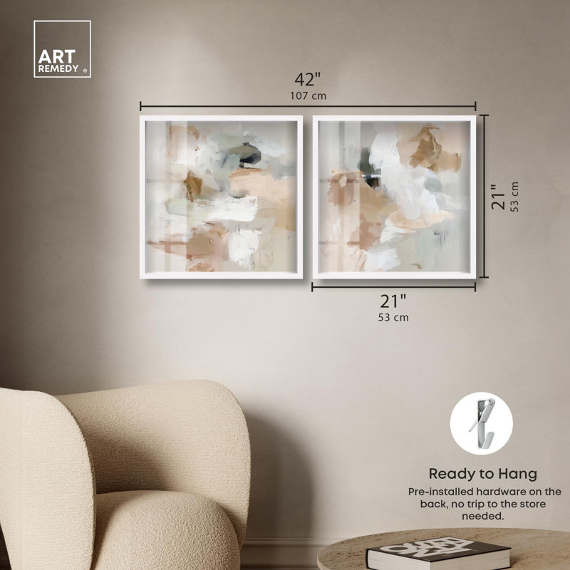 Blended Forms Duo Shadowbox Print Neutral Wall Decor Set by Art Remedy, Black Frame, 12 x 12, 21" H x 21" W, White Frame