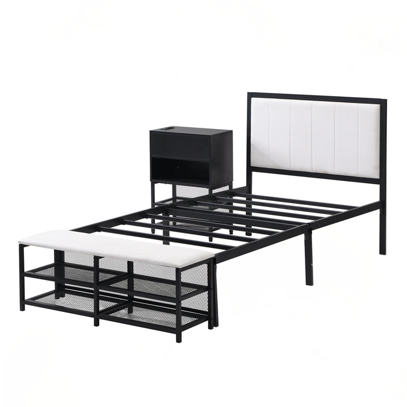 Lit plateforme en métal avec tablettes de rangement, Simple, Noir