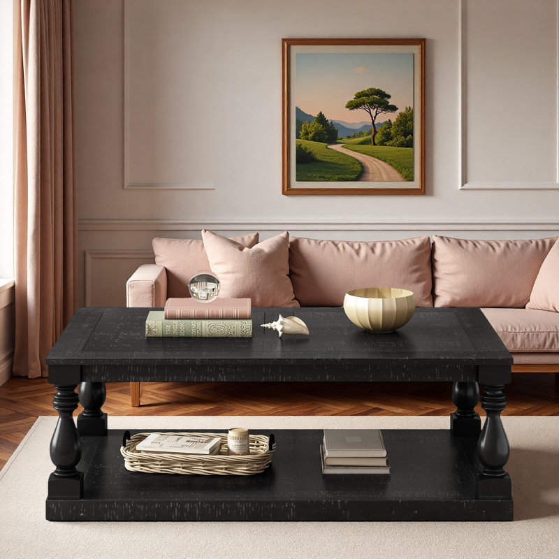 Table basse rétro avec pieds de colonne de vase, placage de pin et tablette inférieure, Noir