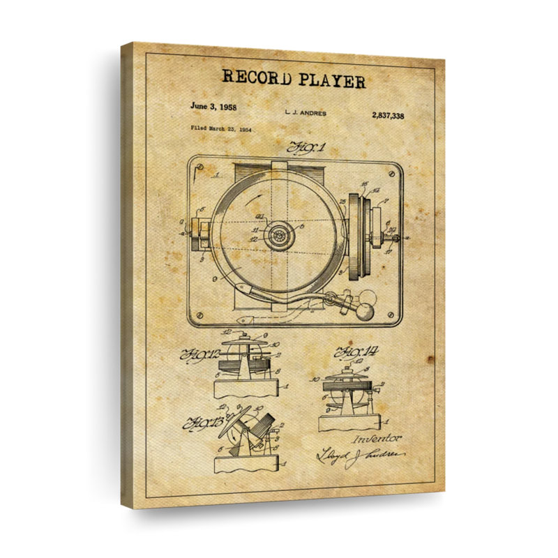 Disque tourne-disque brevet sur toile, H 48 po x l 32 po x P 1,25 po