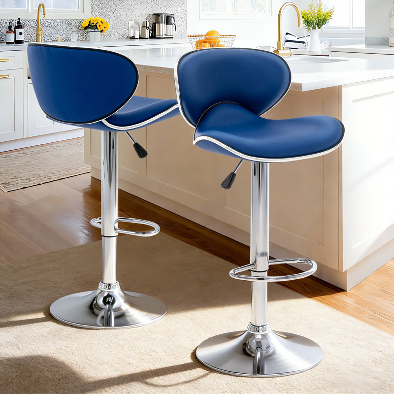 Ensemble de 2 tabourets de bar pivotants réglables et réglables en cuir de polyuréthane avec dossier et repose-pieds, Bleu