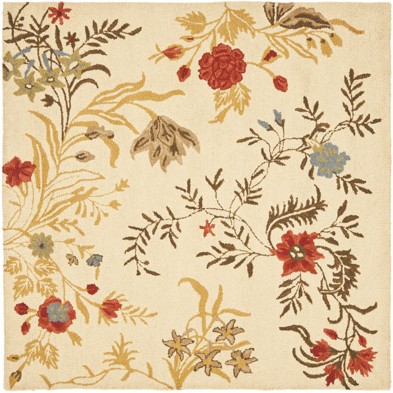 Emrick Hand Hooked Wool/Cotton/Latex Floral Rug in Beige, Square 6'