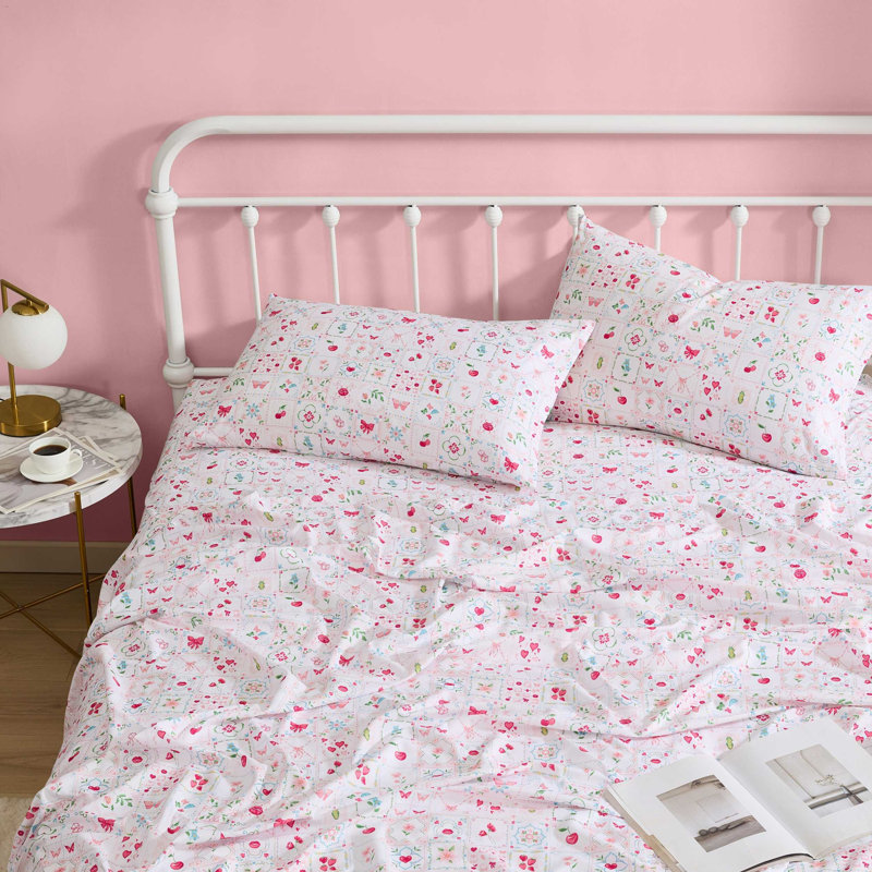 Betsey Johnson Printed Novelty Sheet Sets, Pretty Tiles Pink, Queen Sheet Set with 2 Standard Pillowcases