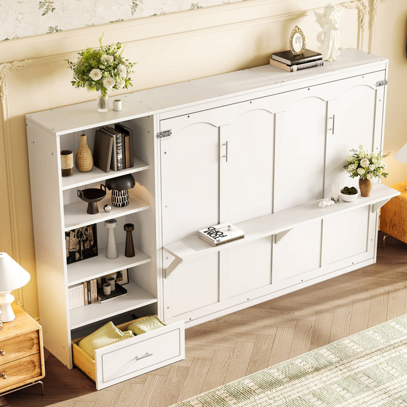 Grand lit escamotable avec compartiments de rangement à hauteur réglable et tablette, cadre de lit mural avec 1 tiroir, lit plateforme pliable multifonctionnel pour chambre à coucher, chambre d'amis