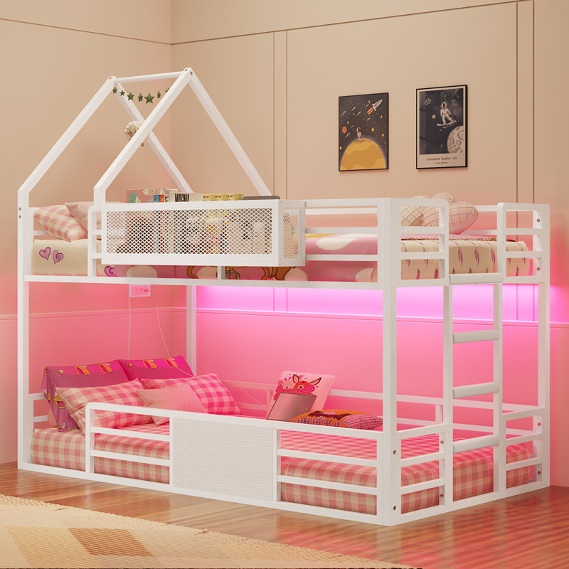 Twin Over Twin Bunk Bed With Charging Station, Storage Shelf,House Bunk Bed Frame Metal Loft Bed With Led Lights,No Box Spring Needed,Space Saving For Bedroom