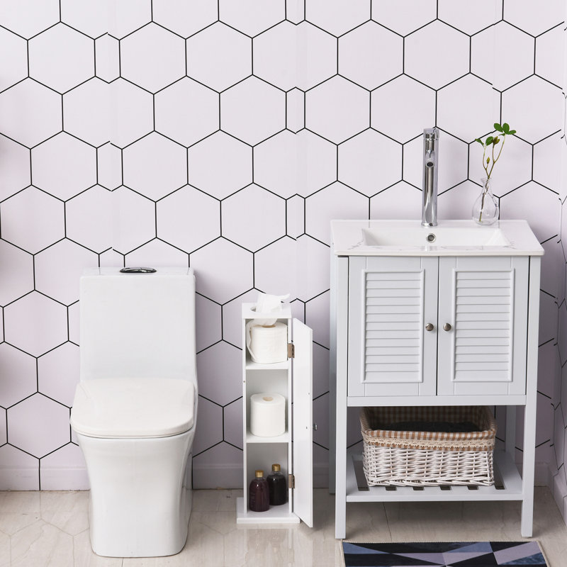 Armoire à papier hygiénique - Petit organisateur de coin de salle de bain blanc avec portes et tablettes