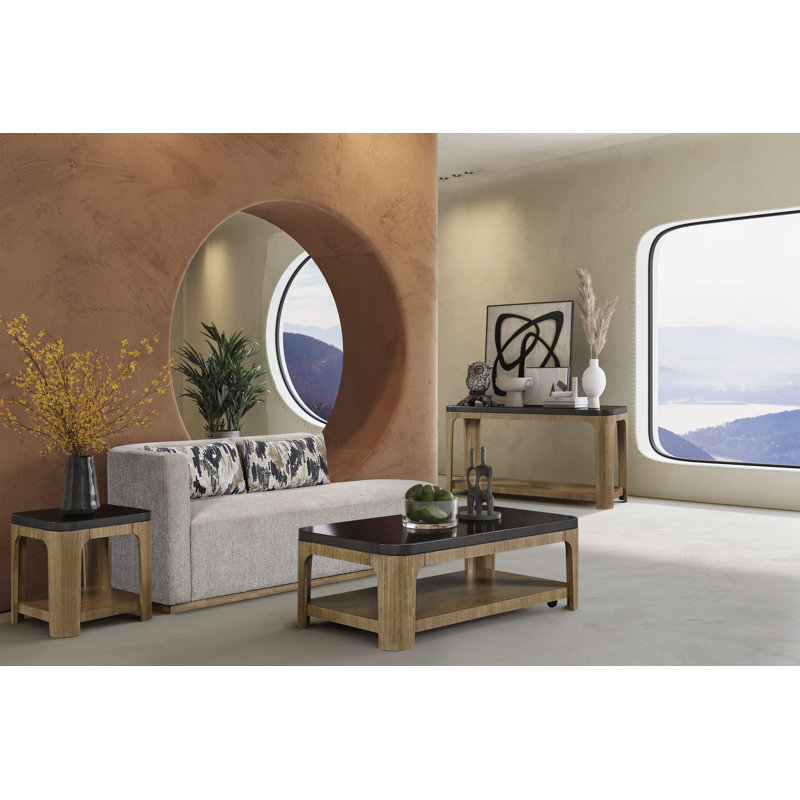 Carstens Console Table with Shelf – Eucalyptus Veneer & Black Glass Insert Top