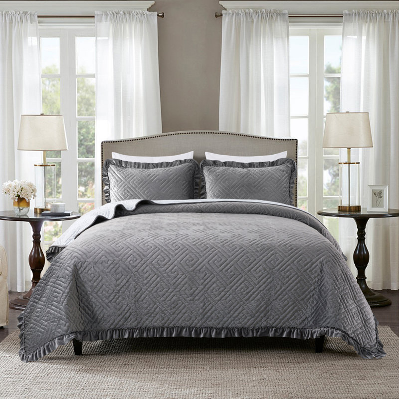 Ensemble de courtepointe en microfibre, Courtepointe très grand et 2 taies décoratives, gris