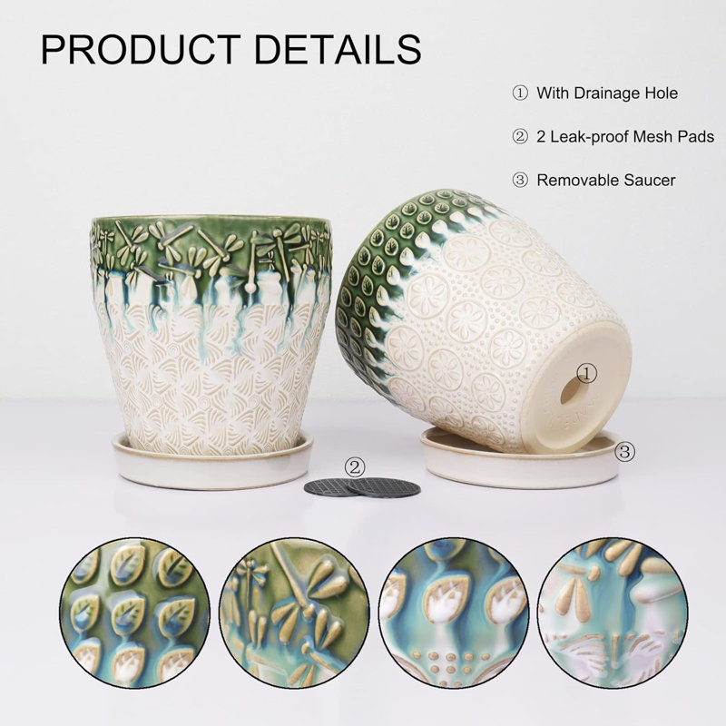 Set Of 2 Ceramic 6" Planter Pots With Drainage Saucers And Mesh Pads