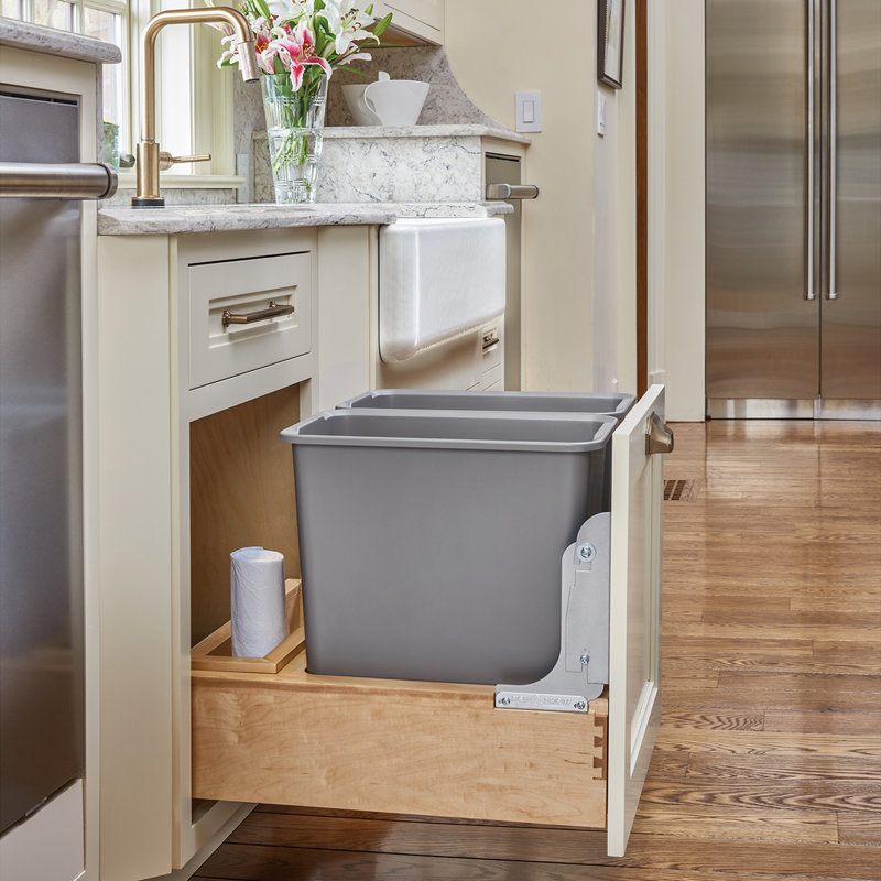 Double 35 Quart Silver Pull-Out Trash Can with Maple Base