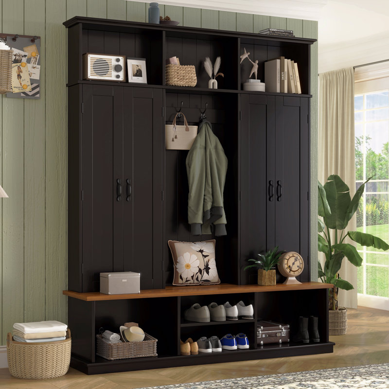 Arbre d'entrée 62,2 po avec banc, 3 casiers supérieurs et un espace de rangement inférieur, un portemanteau avec crochets et armoires pour l'entrée, le couloir, le vestibule, le salon