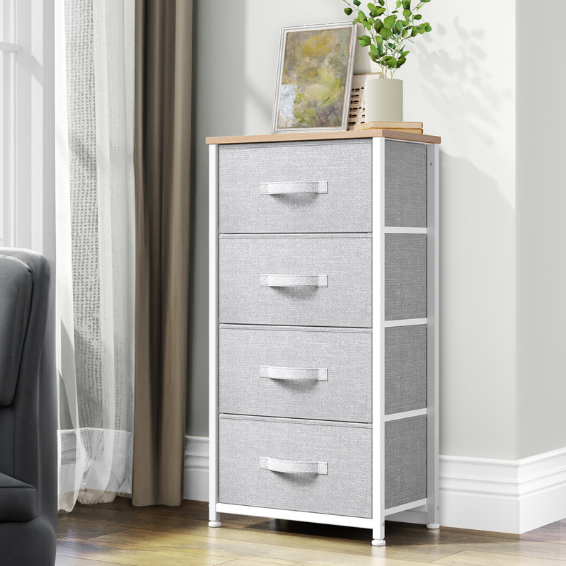Commode à 4 tiroirs Callida, Gris clair / blanc / bois