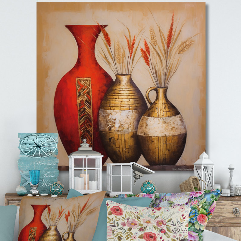 Nature morte vase rouge or avec fleurs de blé, Toile tendue, H 36 po x l 36 po x P 1,5 po