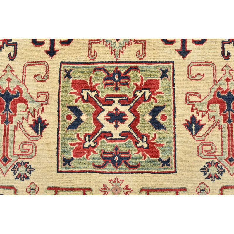 Tapis beige / rouge en laine noué à la main de conception unique 4 pi 10 po x 6 pi 8 po