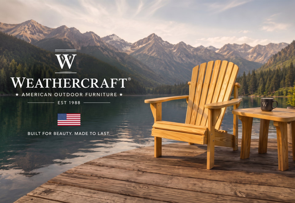 Weathercraft American outdoor furniture established in 1988, featuring a wooden Adirondack chair and side table on a lakeside dock with mountains in the background and the slogan Built for beauty, made to last.