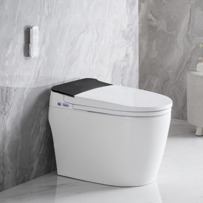 Toilette allongée intelligente avec siège de bidet allongé chauffant, toilette intelligente avec bidet intégré, capteur de pieds, siège à ouverture / fermeture automatique, chasse automatique à siège éteint, veilleuse, eau chaude et sécheuse, blanc