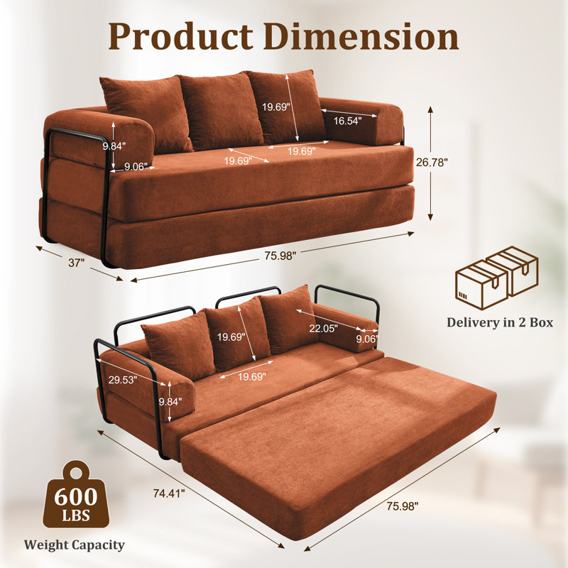Convertible Sofa Bed ,5 In 1 Modular Sofa Bed For Living Room , Floor Sofa Lounge Couch With Removable Pillows, Orange