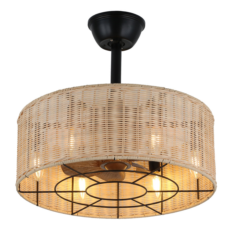 Mika 18" Beige Rattan Caged Ceiling Fan with Light and Remote