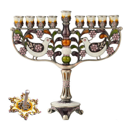Beautiful Jewish Set - Hand Painted Enamel Menorah Candelabra W/ Doves & Flower Design & Spinning Dreidel, Holiday Ornaments Hanukkah Gift By Matashi
