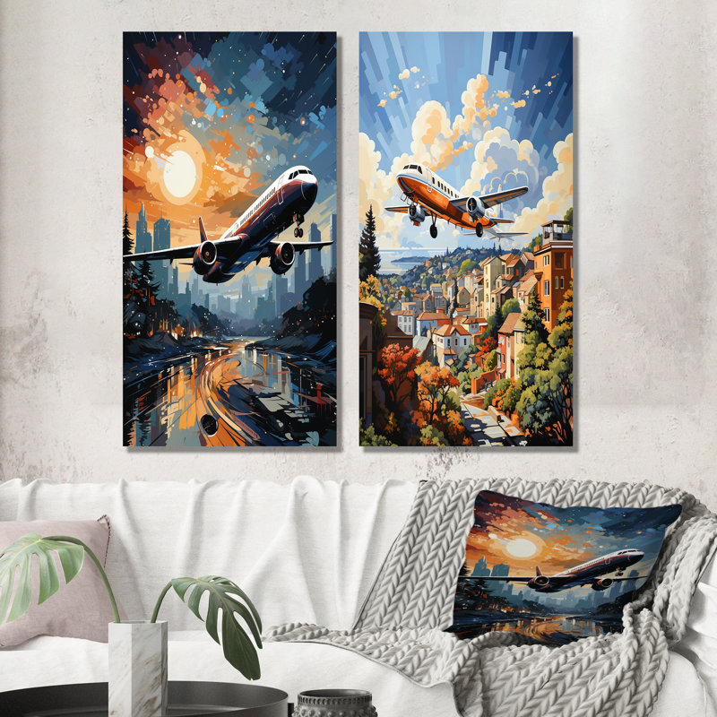 Plane Prelude To Flight Adventure - Ensemble de 2 décorations murales avion, H 28 po x l 25 po, Toile tendue
