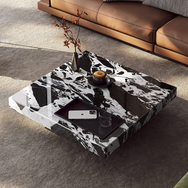 Table basse carrée en marbre de style luxueux, H 11,8 po x L 43,3 po x l 43,3 po