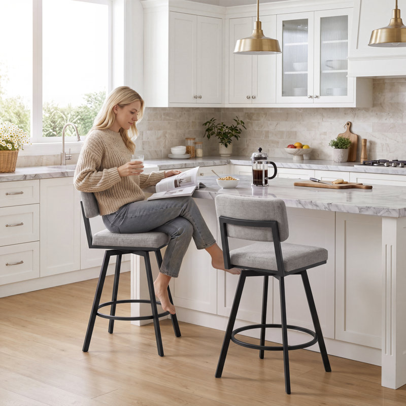 Bronson 26.6" Industrial Swivel Counter Stool with Rectangular Back and Metal Frame, Gray