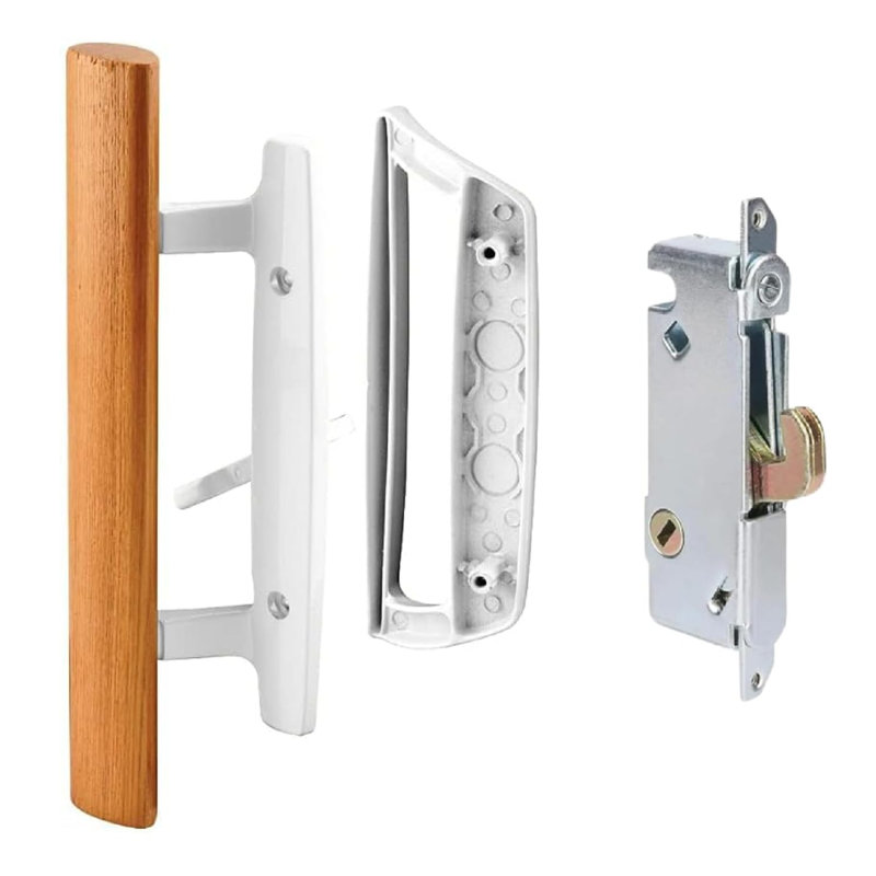 Ensemble de poignées de porte de patio en verre coulissant avec serrure à mortaise de remplacement 45 ° - blanc moulé sous pression avec finition de bois de type mortaise, s'adapte à un espacement de 3-15 / 16 po