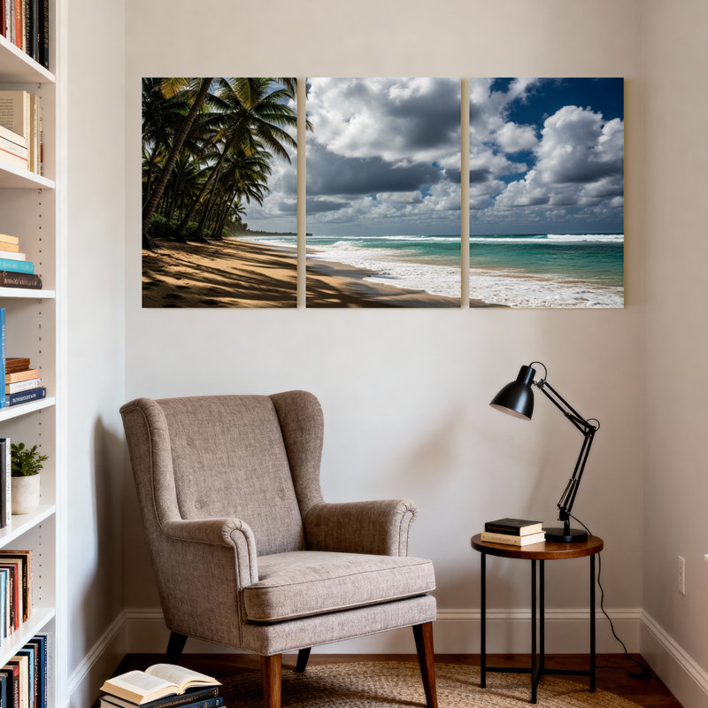 Palmiers, plage tropicale, palmiers, vagues océan, ciel, nuages, sable, ensemble de 3 impressions sur toile