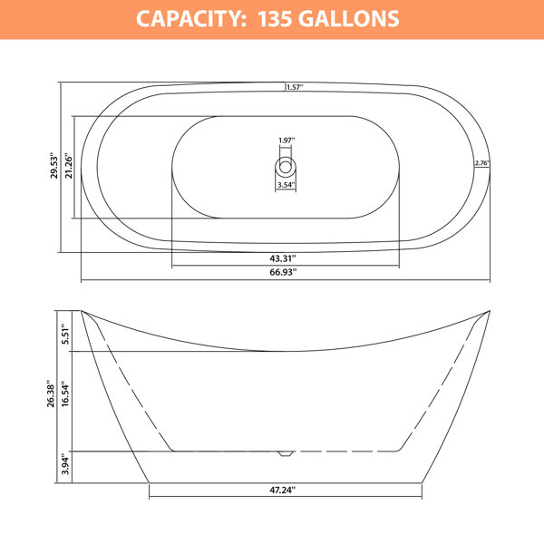 66.93 Inch Oval Freestanding Acrylic Bathtub Dimension Blueprint