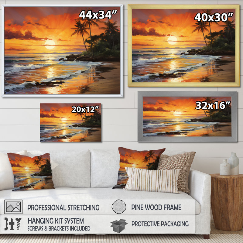 Caraibe Island Sunset III - reproduction sur toile, H 12 po x l 20 po x P 1 po, Encadrement doré