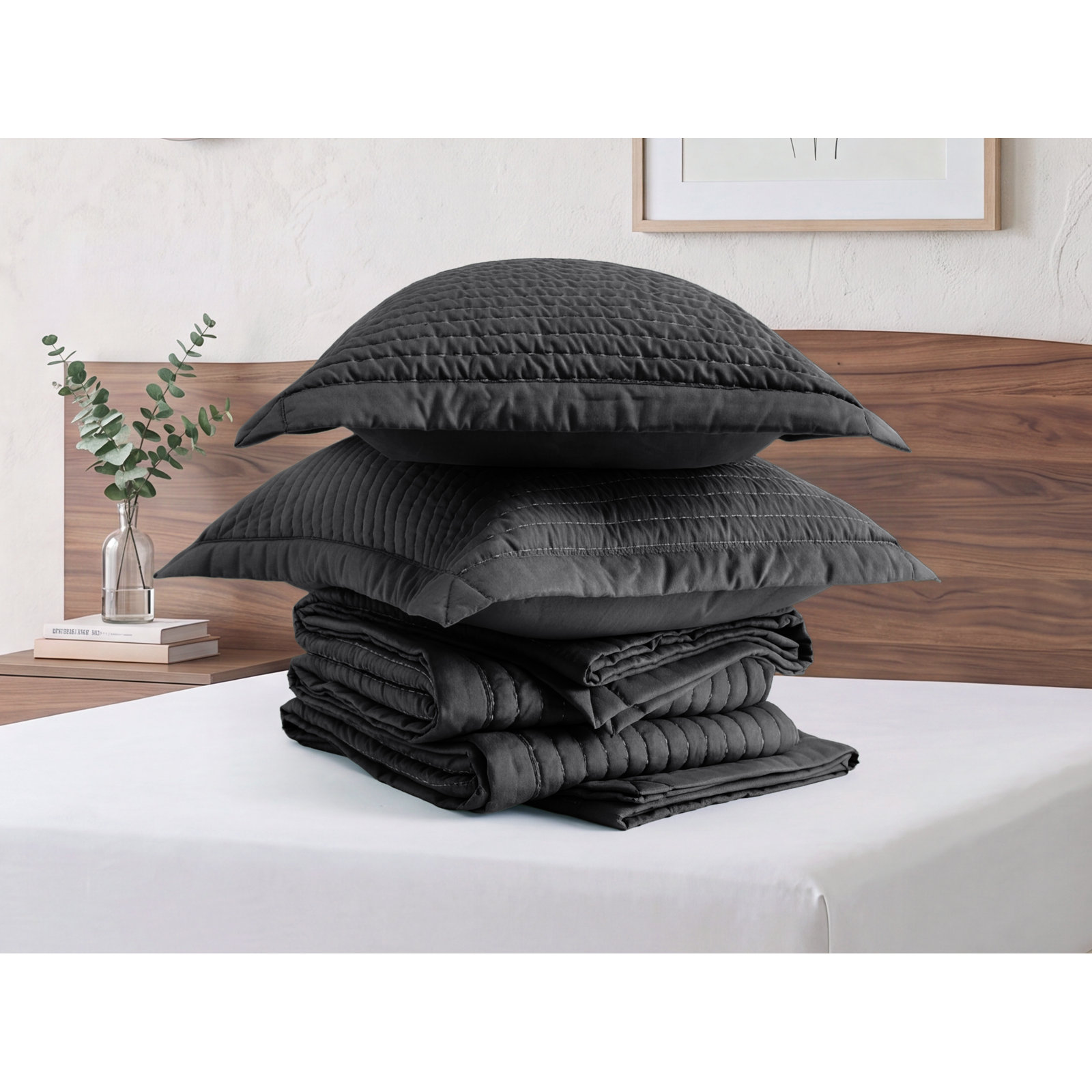 Bedsure Quilts - Soft Lightweight Quilted Bedspread Coverlet with Contrast Stitching, Queen Quilt + 2 Shams, Black