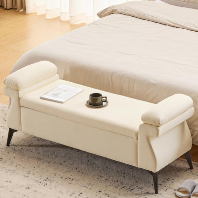 Upholstered Flip Top Storage Bench with Armrest, End of Bed Bench with Metal Legs for Living Room, Bedroom, Entryway