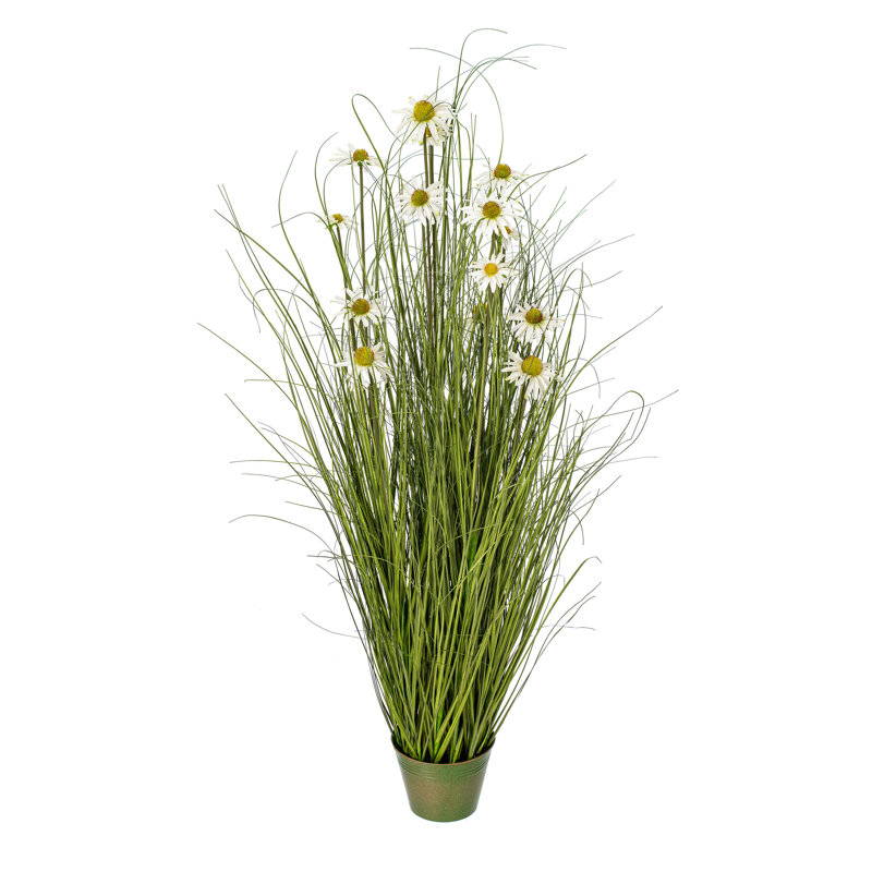 Herbe verte et marguerites artificielles en pot., H 60 po x l 37 po x P 37 po
