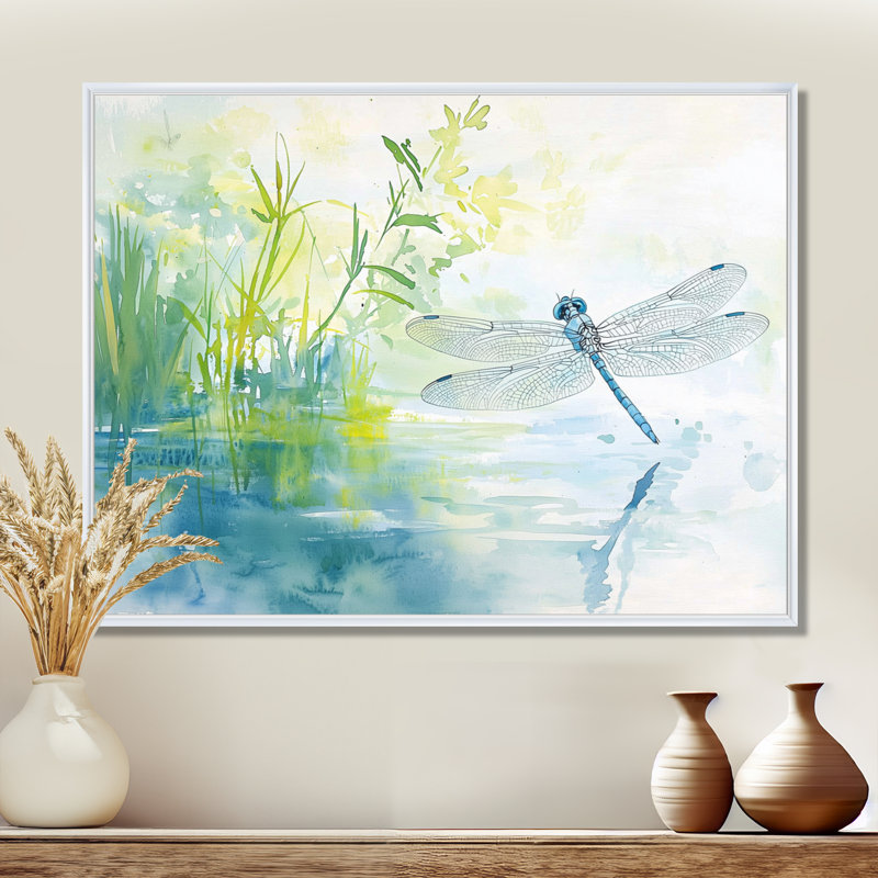 Dragonfly By The River I - Dragonfly Canvas Print, 16" H x 32" W, Floater Framed Print without Mat, White
