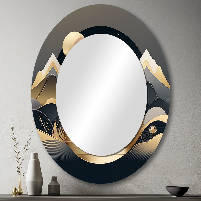 Dreamy Golden Mountain II - Grand miroir mural ovale sur métal, 43 po x 33 po