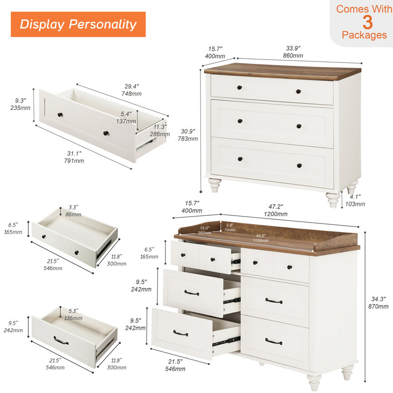Ensemble de chambre à coucher 3 pièces - Comprend une commode 6 tiroirs Mid Century, un ensemble de 2 tables de chevet avec 3 tiroirs, une commode 3 pièces et une table de chevet, en chêne