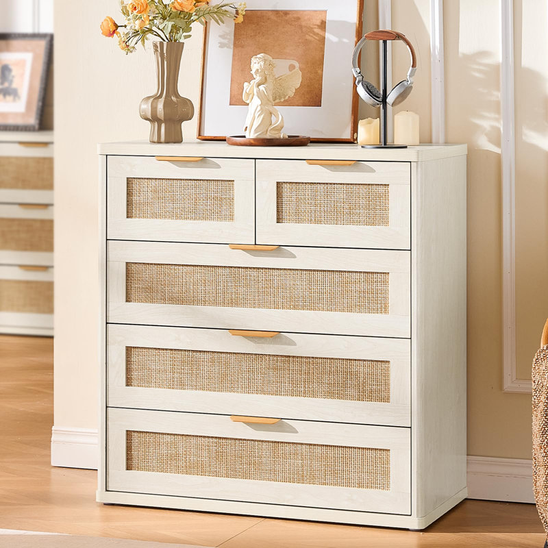 Ensemble de 4 commodes et tables de chevet en rotin, style bohème, en bois, pour chambre, salon ou couloir., Gris blanc