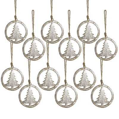 6" Wooden Hanging Circle With Tree Cut Ornaments - Set of 12 - Brown/White