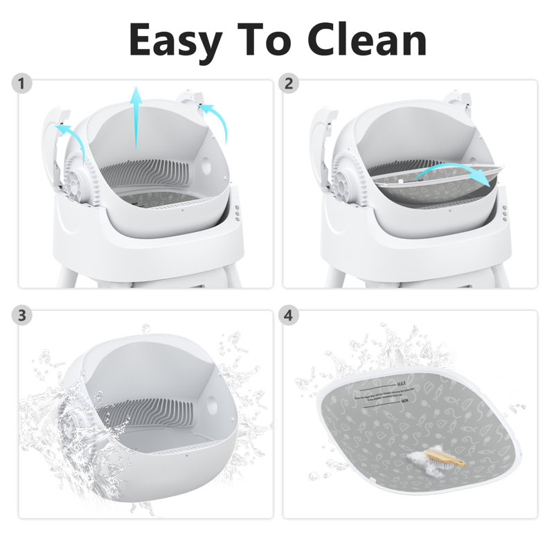 PetPivot Large Open-Top Automatic Cat Litter Box Self Cleaning with Safety Protection, Mat and Trash Bags Included, White