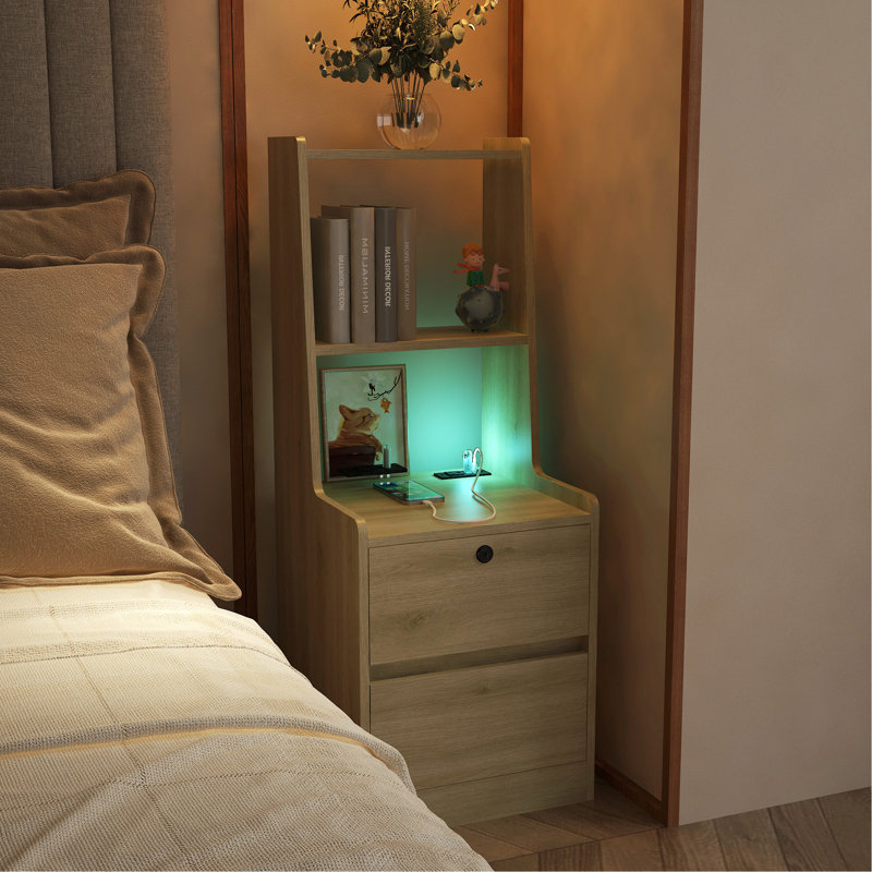Table de chevet pour chambre à coucher, table de chevet avec station de charge, table de chevet intelligente avec veilleuse avec tablette de rangement pour chambre à coucher
