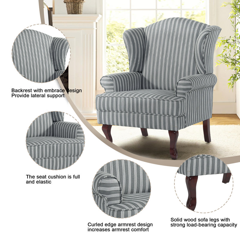 Dokun Berio 79 Cm Wide Linen Wingback Chair, Stripe Grey Linen