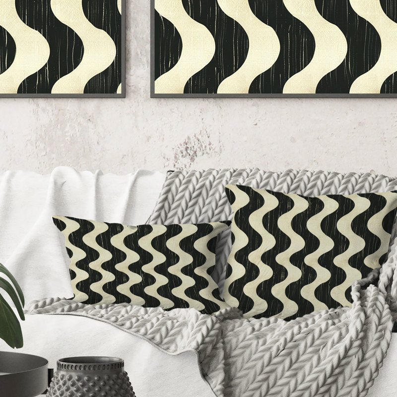 Coussin beige Mid-Century Wave Lines III - Mid-Century, H 16 po x l 16 po