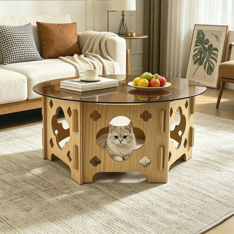 Table basse ronde de 31,1 po en verre trempé, plateau de table caramel avec base florale en bois creux, table de thé de style campagnard pour le salon, petits espaces, bureau, assemblage facile