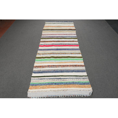 Vintage Turkish Kilim Runner Rug with Colorful Stripes in Unique Bohemian Style for Home Decor
