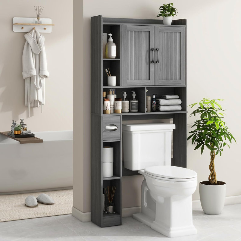 Wash Gray Farmhouse Over The Toilet Storage Cabinet with Adjustable Shelving