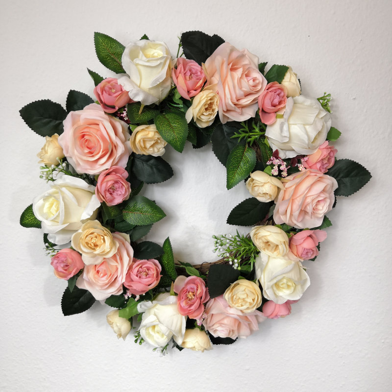 Ansuma 15-inch Polyester Artificial Yellow Rose Wreath for Your Front Door