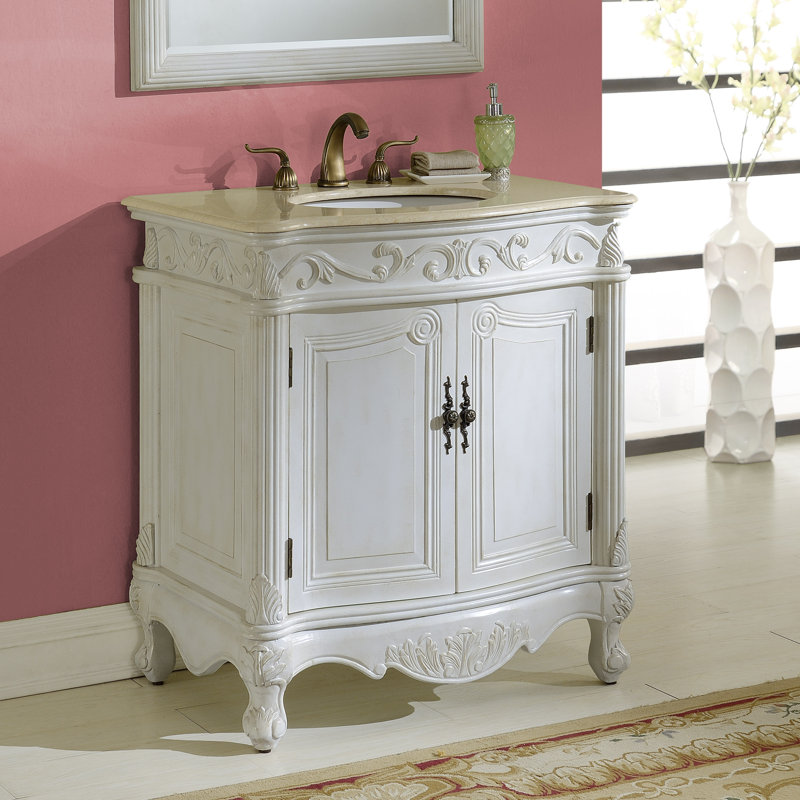 32'' Single Bathroom Vanity with Marble Top, Cream, Antique White